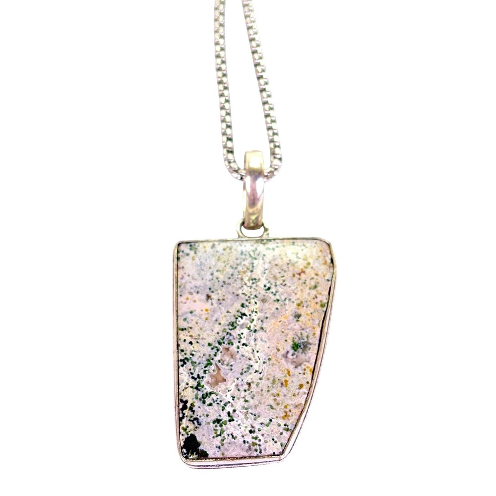 Moss Agate Pendant Sterling Silver Necklace 925 Green Speckled Stone 23in Chain